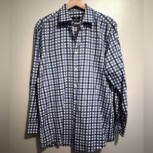 Hugo Boss Blue and White Check Plaid Preppy Button Down Collared Shirt Size 16.5